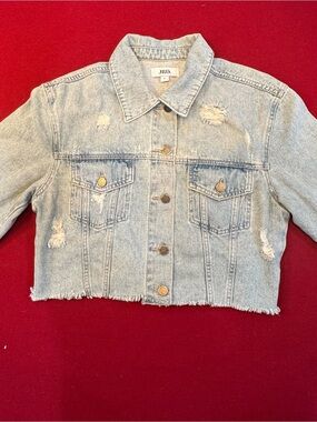 JBD Women’s Cropped Distressed Light Wash Denim Jacket